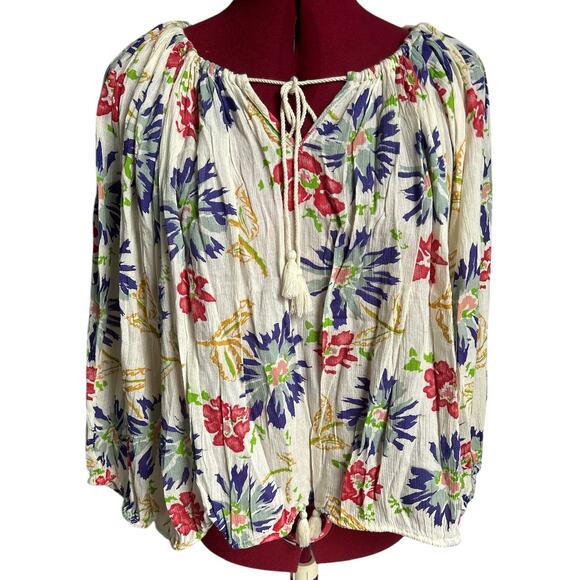 Ralph Lauren Boho Size Large Cotton Blend Safari Floral Print Gaze Tassel Blouse - Picture 1 of 6